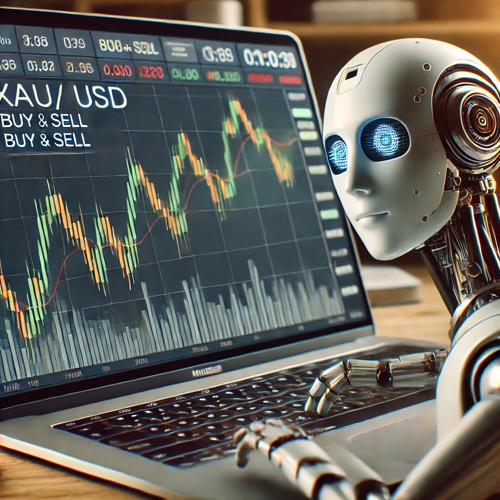 DALL·E 2024-11-14 14.12.25 - A MacBook laptop screen displaying MetaTrader 5 (MT5) platform with a trading robot actively performing buy and sell trades on the XAU_USD (Gold vs US